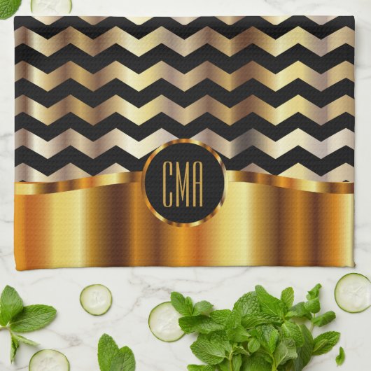 Monogram Metallic Gold & Black Stripe Chevron Theedoek (Gevouwen)