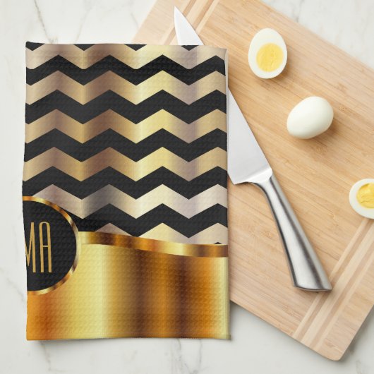 Monogram Metallic Gold & Black Stripe Chevron Theedoek (Quarter Fold)