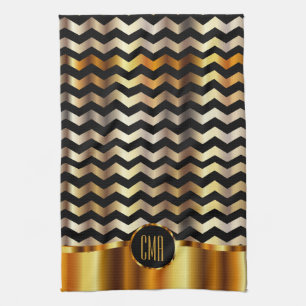 Monogram Metallic Gold & Black Stripe Chevron Theedoek