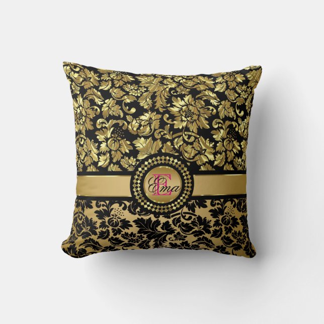 Monogram Metallic Gold Damask Kussen (Voorkant)