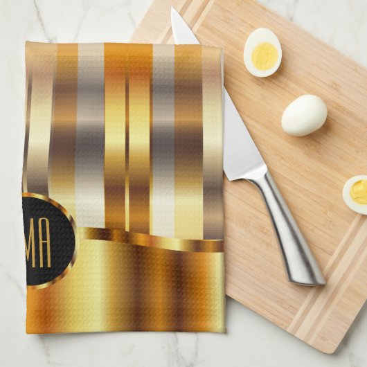 Monogram Metallic Gold Stripes Theedoek (Quarter Fold)