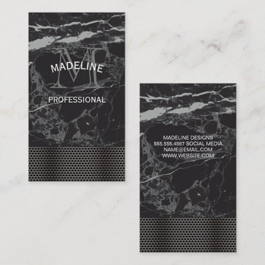 Monogram | Metallic grill Trim | Zwarte marmer Visitekaartje (Voorkant / Achterkant)