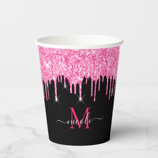 Monogram Metallic Hot Pink Driving Glitter Black Papieren Bekers (Achterkant)