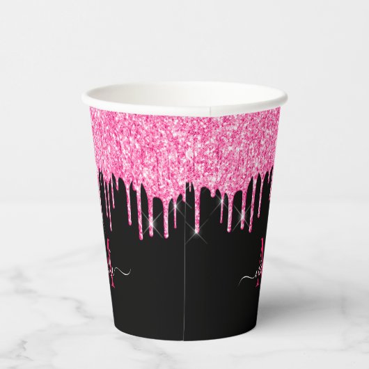 Monogram Metallic Hot Pink Driving Glitter Black Papieren Bekers (Rechts)