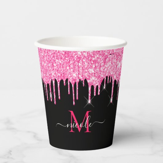 Monogram Metallic Hot Pink Driving Glitter Black Papieren Bekers (Voorkant)
