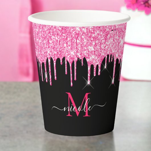 Monogram Metallic Hot Pink Driving Glitter Black Papieren Bekers