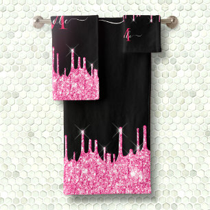 Monogram Metallic Hot Pink Glitter Drip op Black Bad Handdoek