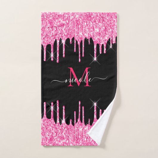 Monogram Metallic Hot Pink Glitter Drip op zwart Bad Handdoek (Handdoek)