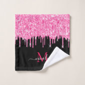 Monogram Metallic Hot Pink Glitter Drip op zwart Bad Handdoek (Wasdoekje)