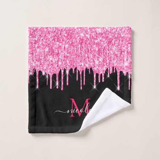 Monogram Metallic Hot Pink Glitter Drip op zwart Bad Handdoek (Wasdoekje)
