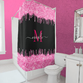 Monogram Metallic Hot Pink Glitter Drip op zwart Douchegordijn