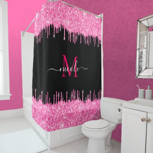 Monogram Metallic Hot Pink Glitter Drip op zwart Douchegordijn