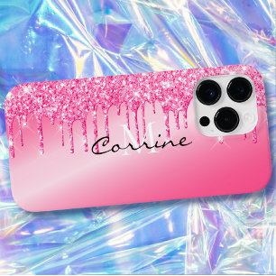 Monogram Metallic Hot Pink Glitter druppelt Androi Case-Mate iPhone 14 Pro Max Hoesje