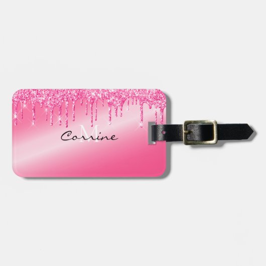 Monogram Metallic Hot Pink Neon Driving Glitter Bagagelabel (Voorkant horizontaal)