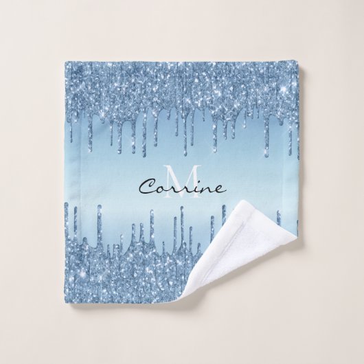 Monogram Metallic Ice Blue Dripping Glitter Bad Handdoek (Wasdoekje)