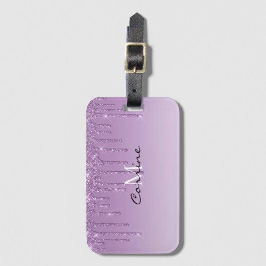 Monogram Metallic Lavendel Paarse Dripping Glitter Bagagelabel (Voorkant (verticaal))