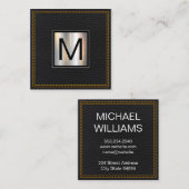 Monogram Metallic | Leer Zwart Dubbel Gestikt Vierkante Visitekaartje (Voorkant / Achterkant)