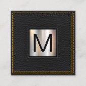 Monogram Metallic | Leer Zwart Dubbel Gestikt Vierkante Visitekaartje (Voorkant)