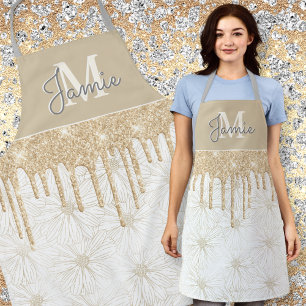 Monogram Metallic Pearl Daisy & Gold Glitter Drips Schort