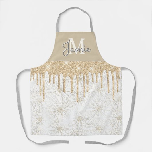 Monogram Metallic Pearl Daisy & Gold Glitter Drips Schort (Voorkant)