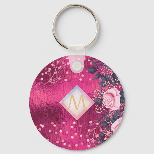 Monogram Metallic Rosegold Navy Glitter Girly Sleutelhanger (Voorkant)