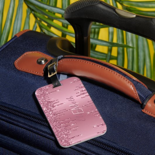 Monogram Metallic Roze Dripping Glitter Girly Bagagelabel (Voorkant Insitu 1)