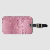 Monogram Metallic Roze Dripping Glitter Girly Bagagelabel (Voorkant (horizontaal))