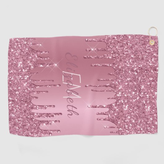 Monogram Metallic Roze Dripping Glitter Girly Golfhanddoek (Horizontaal)