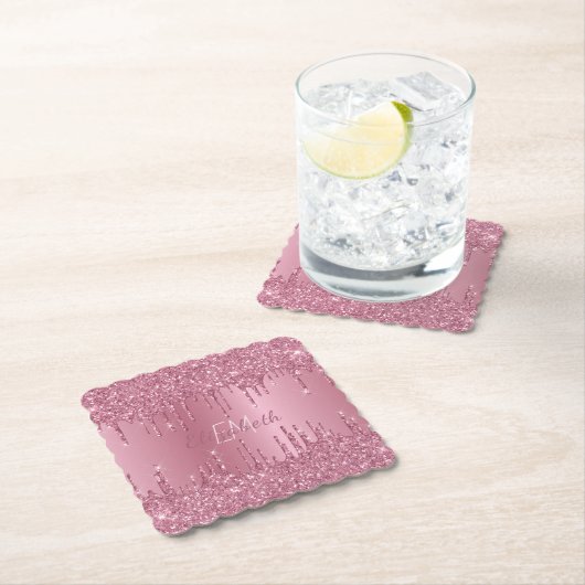 Monogram Metallic Roze Dripping Glitter Girly Kartonnen Onderzetters (Insitu)