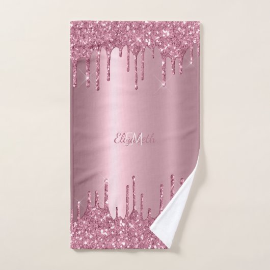 Monogram Metallic Roze Dripping Glitter Modern Bad Handdoek (Handdoek)