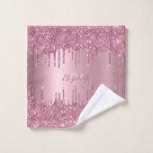 Monogram Metallic Roze Dripping Glitter Modern Bad Handdoek (Wasdoekje)