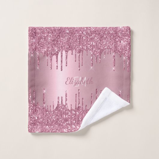 Monogram Metallic Roze Dripping Glitter Modern Bad Handdoek (Wasdoekje)