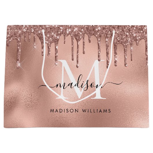 Monogram Metallic Roze Goud Roze Glitter Druppels Groot Cadeauzakje (Voorkant)