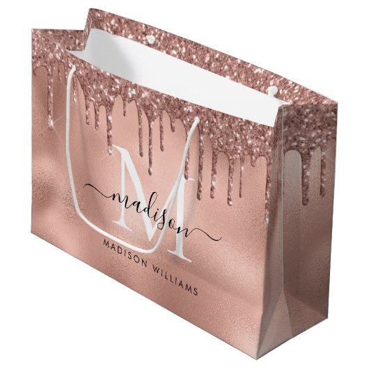 Monogram Metallic Roze Goud Roze Glitter Druppels Groot Cadeauzakje (Voorkant Gekanteld)