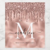 Monogram Metallic Roze Goud Roze Glitterdruppels Wijn Etiket (Enkel label)