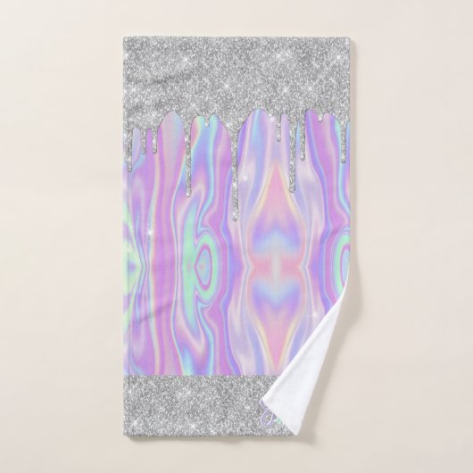 Monogram Metallic Silver Glitter Drip & Iridescent Bad Handdoek (Handdoek)