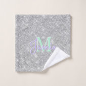 Monogram Metallic Silver Glitter Drip & Iridescent Bad Handdoek (Wasdoekje)