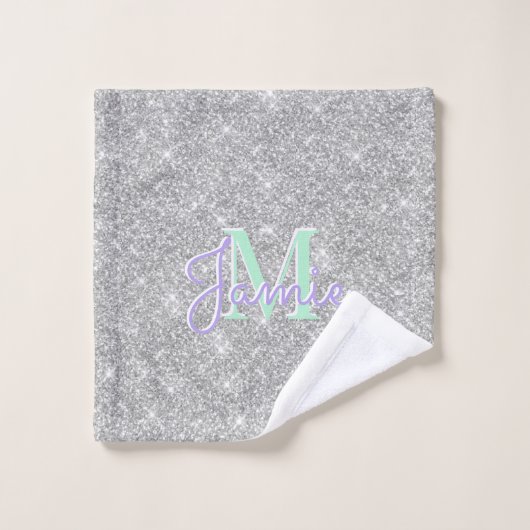 Monogram Metallic Silver Glitter Drip & Iridescent Bad Handdoek (Wasdoekje)