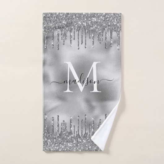 Monogram Metallic Silver Grey Dripping Glitter Bad Handdoek (Handdoek)