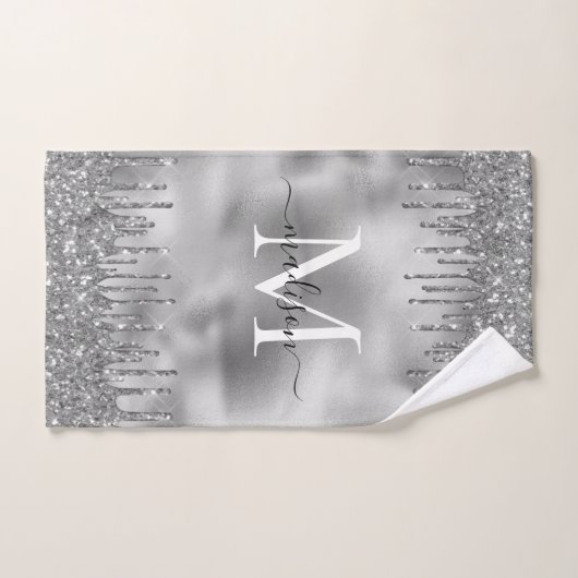 Monogram Metallic Silver Grey Dripping Glitter Bad Handdoek (Handdoek)