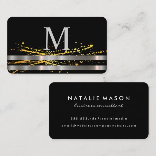 Monogram Metallic Silver Trim Gold Spatter Visitekaartje (Voorkant / Achterkant)