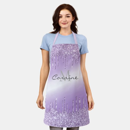 Monogram Metallic Violet Paarse druppelen Glitter Schort (Gedragen)