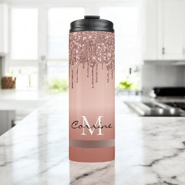 monogram metallisch roos glitter thermosbeker