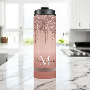 monogram metallisch roos glitter thermosbeker