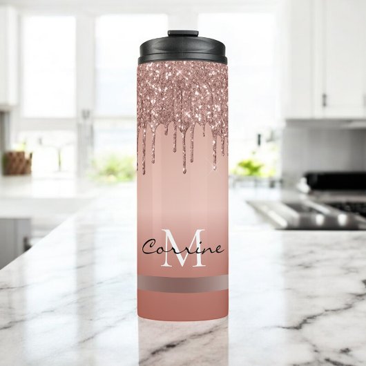 monogram metallisch roos glitter thermosbeker