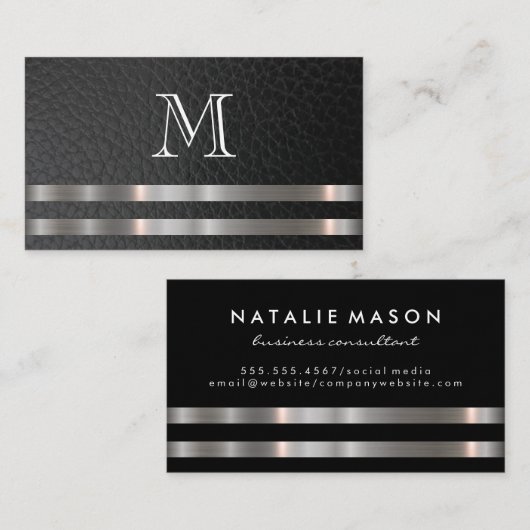 Monogram metallisch zilvertrim leder visitekaartje (Voorkant / Achterkant)