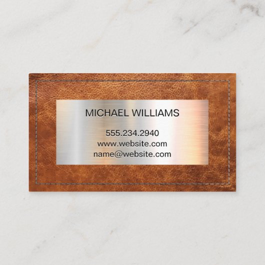 Monogram metallische banner | gestikt bruin leder visitekaartje (Achterkant)