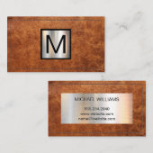 Monogram metallische banner | gestikt bruin leder visitekaartje (Voorkant / Achterkant)