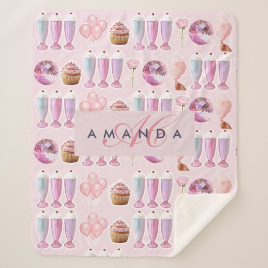 Monogram Milkshake Schattigee Blush Roze Retro Gif Sherpa Deken (Voorkant)