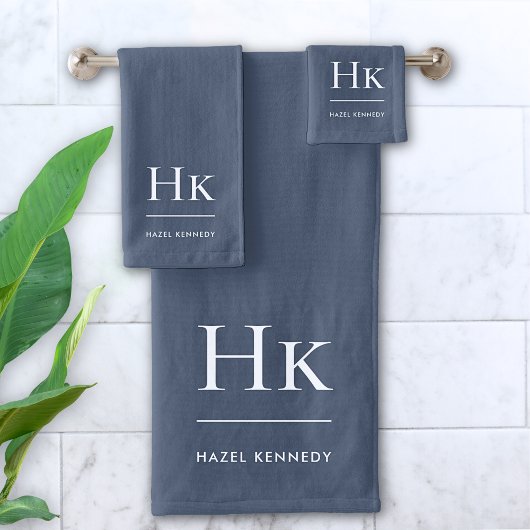 Monogram Minimaal Elegant Marine Blauw Wit Stijlvo Bad Handdoek